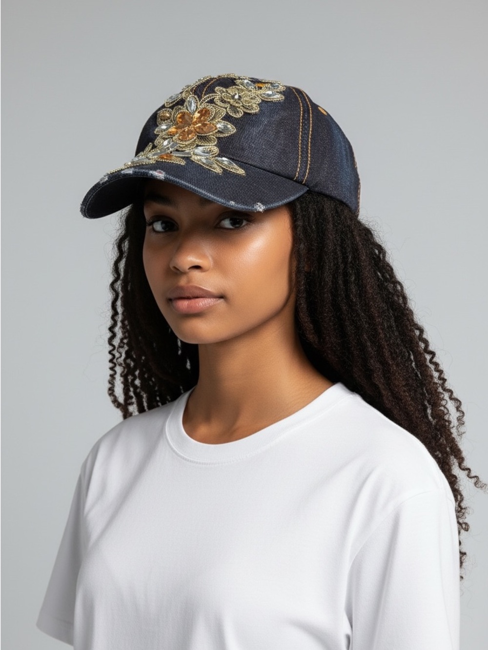 Embellished Denim Baseball Cap in Dark Blue with Gold Floral Accents